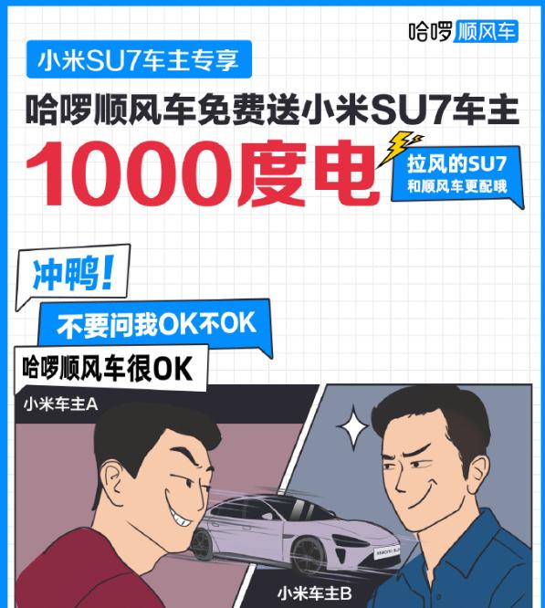 哈啰顺风车：前 10 位认证成功的小米 SU7 车主，免费送 1000度电-滴滴侠 | 汽车网约车经验分享平台